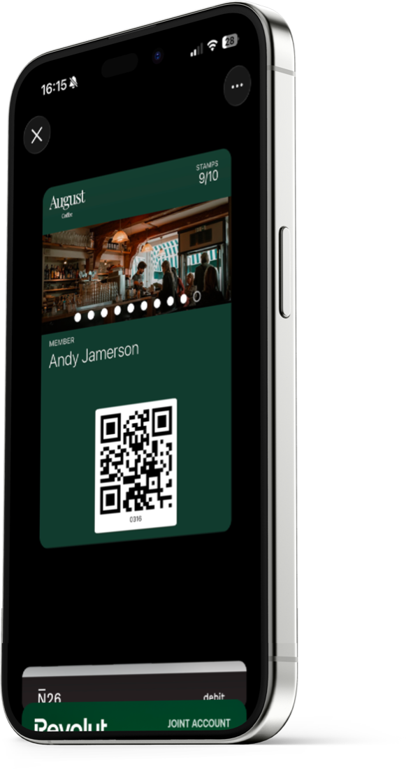 An August Coffee stamp card open in Apple Wallet, nine stamps of ten, above the owner's bank cards